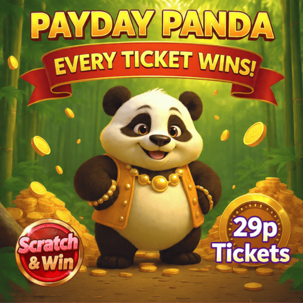 Cartoon panda with gold coins promoting payday game on Prize Pot Pigs.