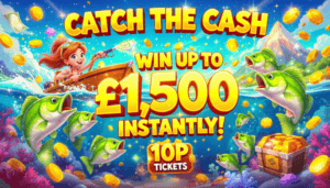 Colourful game scene with girl fishing for coins and fish with cash prizes, promoting Catch the Cash.