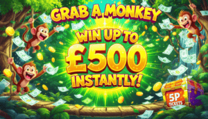 Colourful prize pot with monkeys, promoting a chance to win up to £500 instantly.
