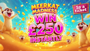 Meerkats celebrating with coins and jackpot for online slot game promotion.