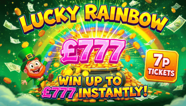 Lucky Rainbow themed slot game with £777 jackpot and 7p tickets.