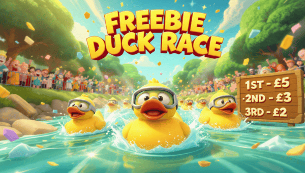 Duck race image with rubber ducks competing in a fun, colourful event.
