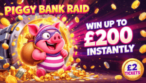Colourful piggy bank character with coins and cash for Piggy Bank Raid game.