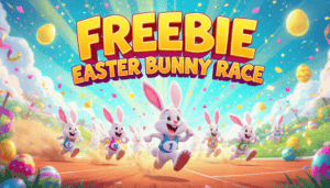Colourful Easter Bunny race with rabbits and eggs for prize giveaways.