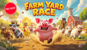 Cartoon pig leading farmyard animals in race on sunny farm background.
