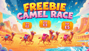 Bright cartoon camel race with colourful camels and prize amounts for winners.